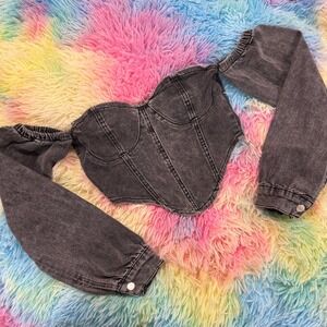 Nasty Gal Collection Black Acid Wash Denim Corset Off Shoulder Top US 2